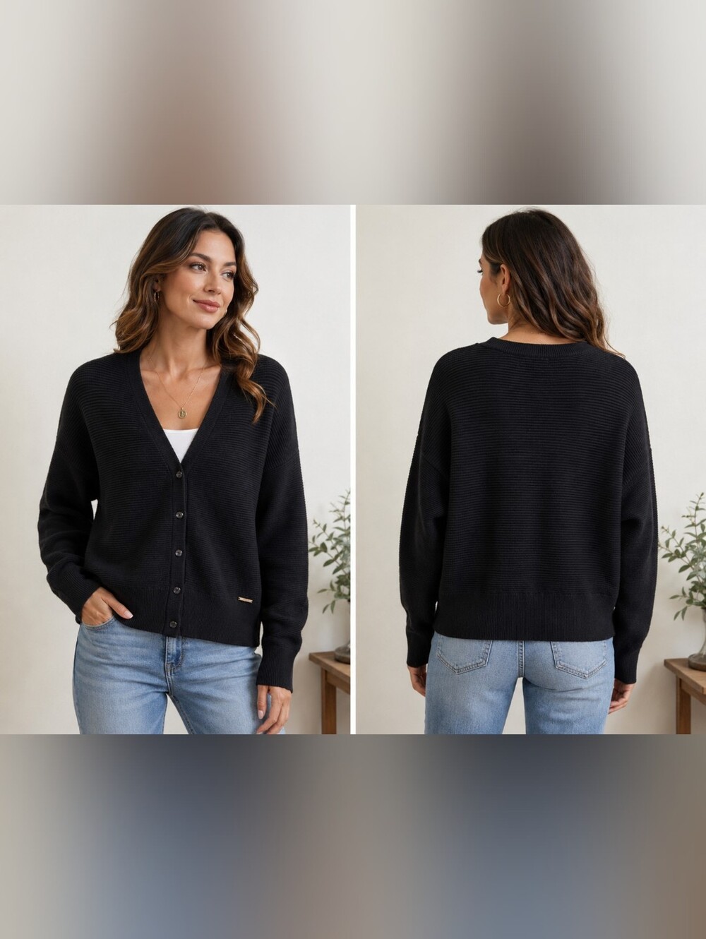 Tahari Black V-Neck Button Front Cardigan